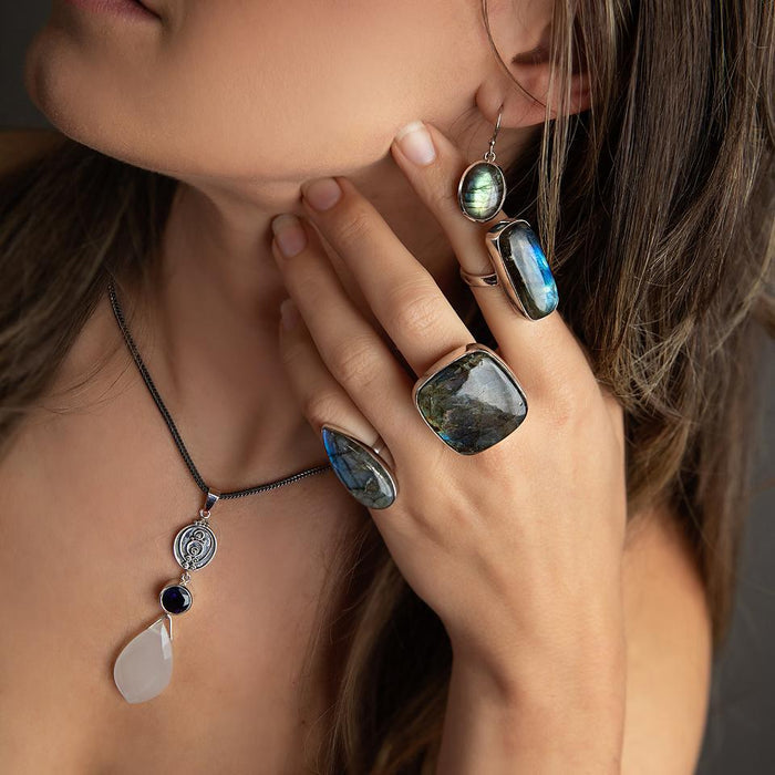 Sterling Silver Labradorite Ring-Artisan Made Rectangular Bezel Set Ring