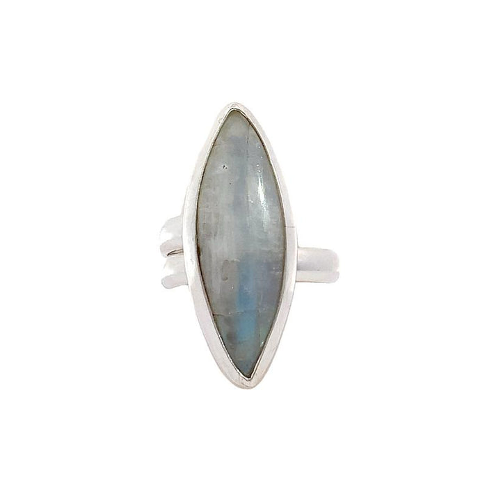 photo of a silver ring set with a long marquise moonstone on a white background