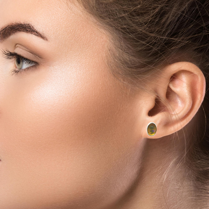 Sterling Silver Opal Earrings-Natural Oval Opal Studs