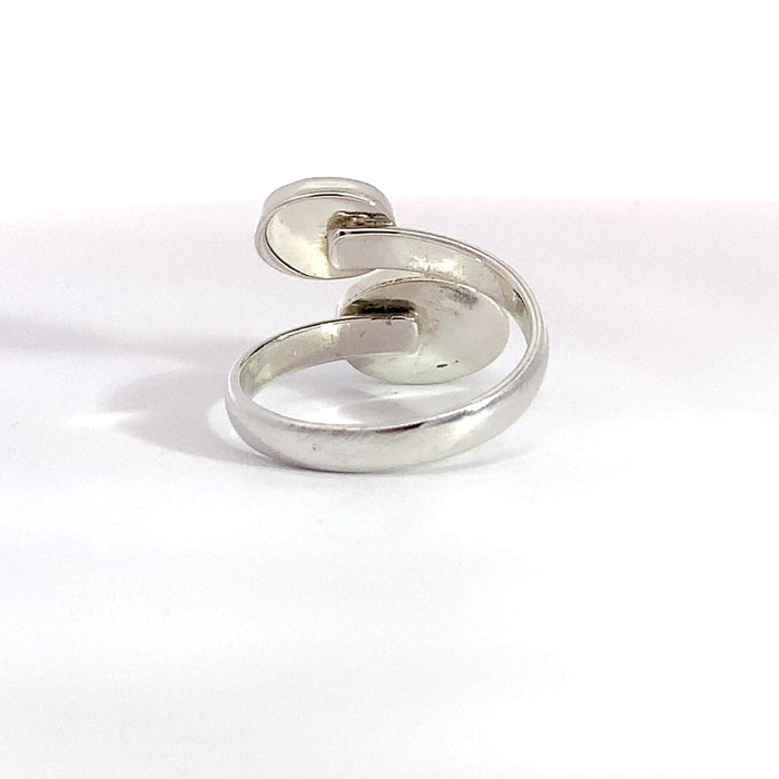 Sterling Silver Ring- Artisan Duo Bezel Turquoise Bypass Ring on white background back view