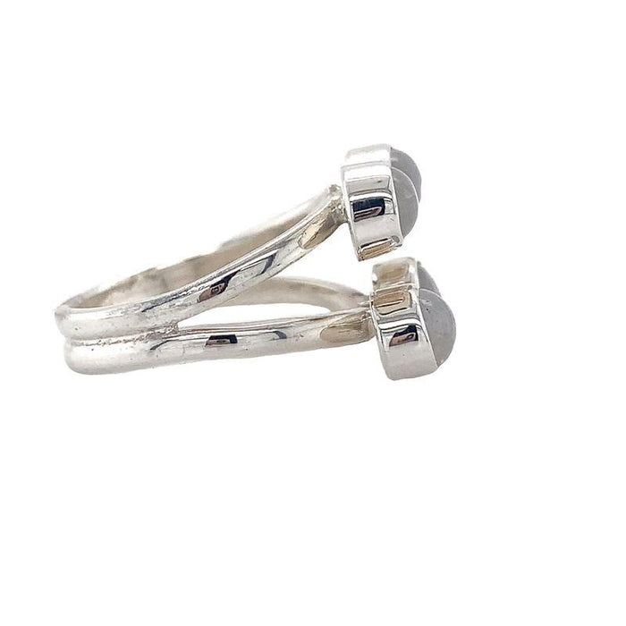 Sterling Silver Ring- Artisan Quad Bezel Moonstone Negative Space Ring side view on white background