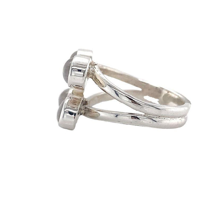 Sterling Silver Ring- Artisan Quad Bezel Moonstone Negative Space Ring side view on white background