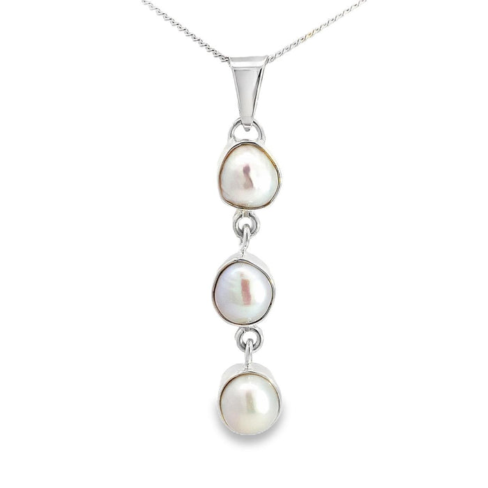 Sterling Silver Three Pearl Necklace Pendant – Bezel Set Design