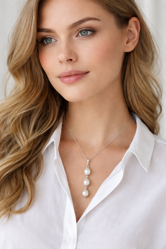 Sterling Silver Three Pearl Necklace Pendant – Bezel Set Design