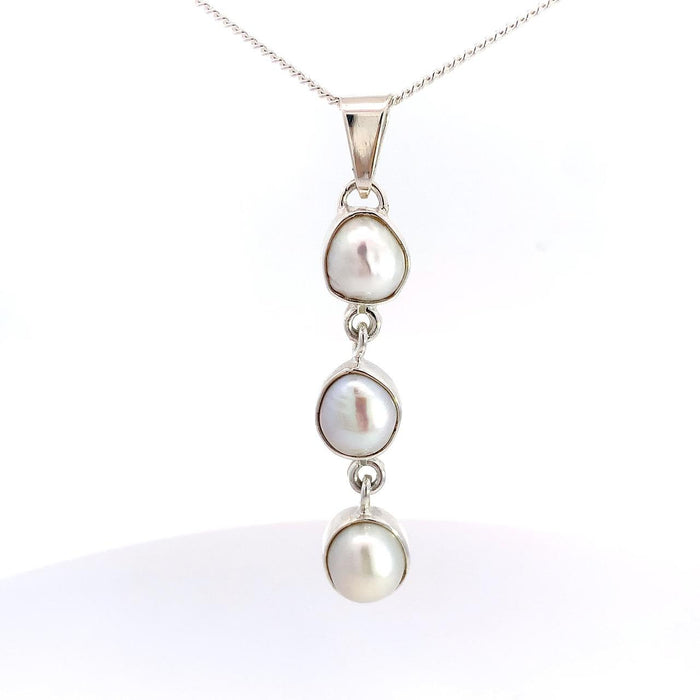 Sterling Silver Three Pearl Necklace Pendant – Bezel Set Design