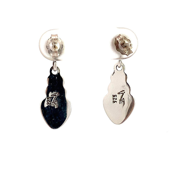 photo of a silver drop earring with a trillion cabochon amethyst bottom on a white background rear view