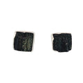 photo of a pair of silver square raw black tourmaline stud earrings on a white background