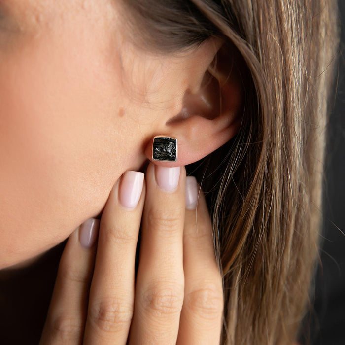 Taxco Artisan Raw Black Tourmaline Stud Earrings, 9-9.5mm