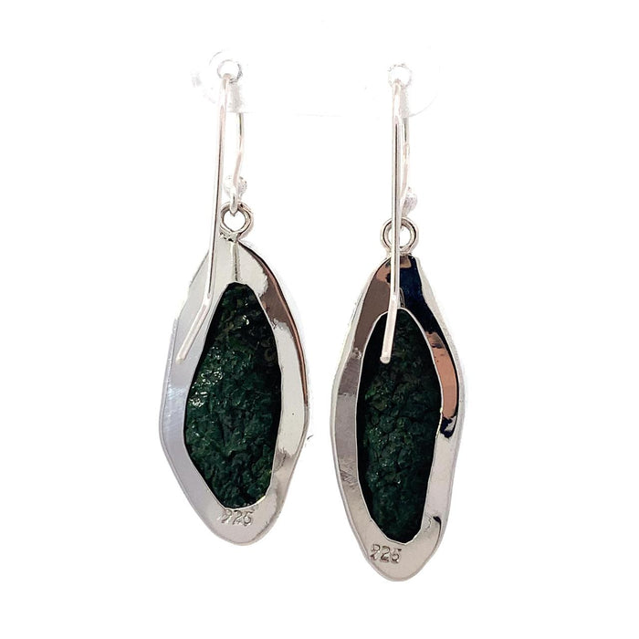 photo of long silver geode earrings on a white background ,rear view