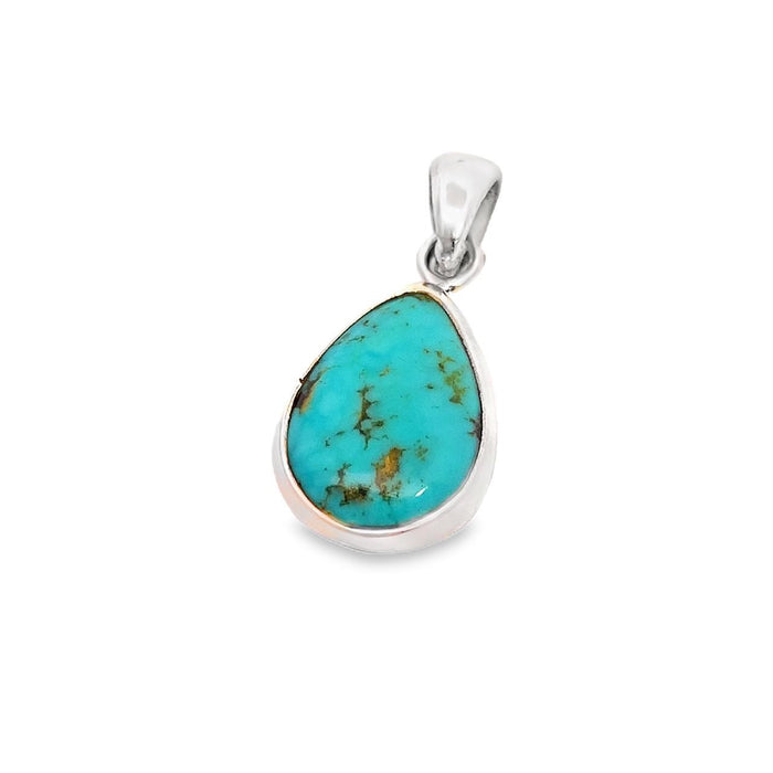photo of a silver pear shape bezel set turquoise pendant on a white background