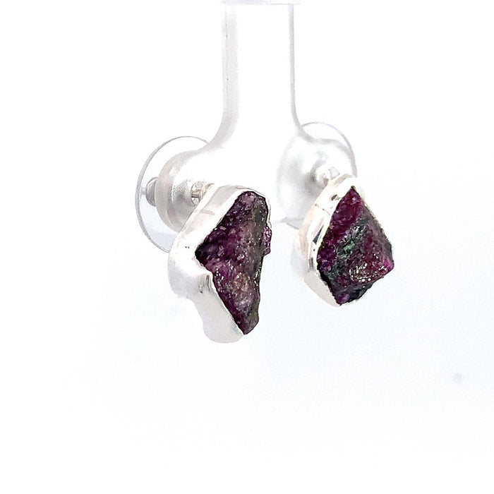 Taxco artisan sterling silver rough ruby stud earrings with natural raw ruby gemstones handcrafted Mexican jewelry