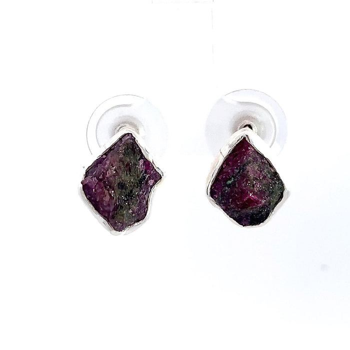 Taxco artisan sterling silver rough ruby stud earrings with natural raw ruby gemstones handcrafted Mexican jewelry