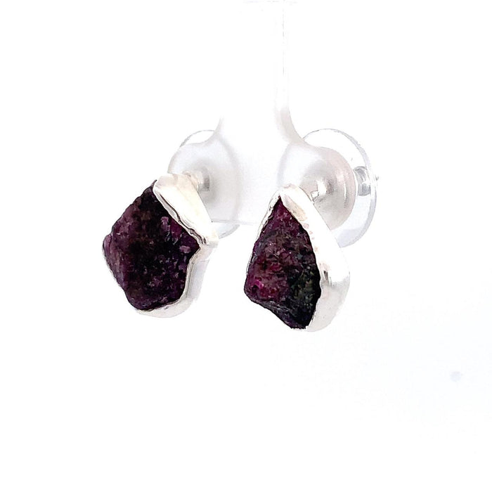 Taxco artisan sterling silver rough ruby stud earrings with natural raw ruby gemstones handcrafted Mexican jewelry