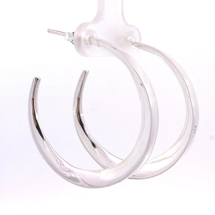 Taxco artisan sterling silver tapered open hoop earrings bright polished handcrafted Mexican silver jewelry 35mm