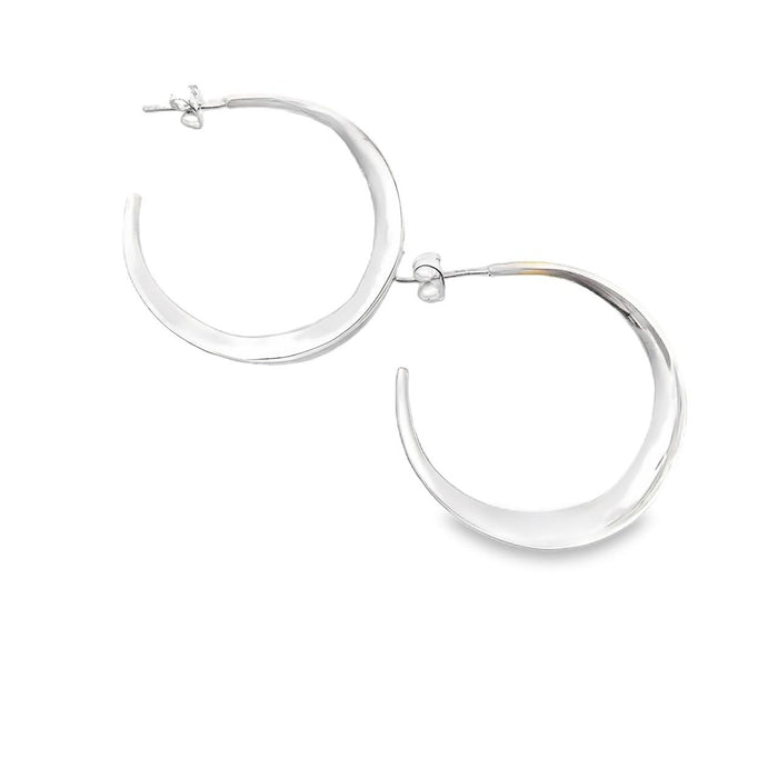 Taxco artisan sterling silver tapered open hoop earrings bright polished handcrafted Mexican silver jewelry 35mm
