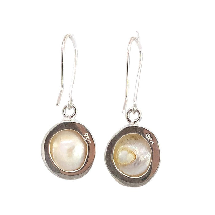 Taxco artisan sterling silver white mabe pearl dangle earrings handcrafted Mexican silver jewelry rear view