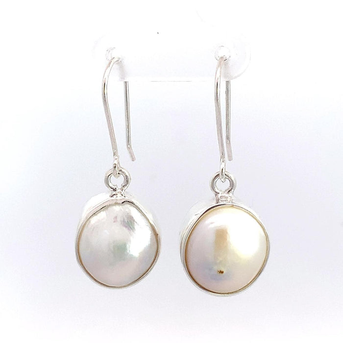 Taxco artisan sterling silver white mabe pearl dangle earrings handcrafted Mexican silver jewelry