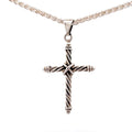 Photo of a silver twisted wire cross pendant on chain on a white background