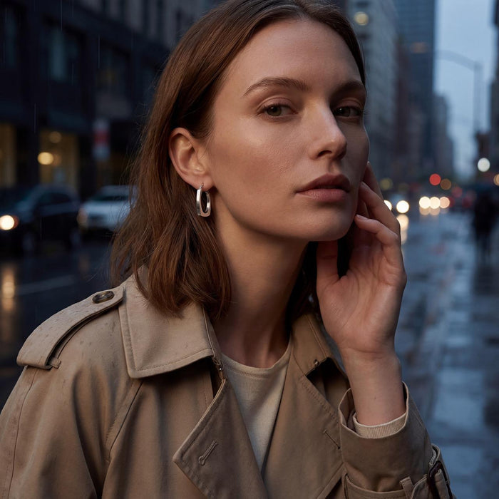 photo of a brunette model wearing Taxco artisan sterling silver euro squared hoop earrings polished finish snap latch handcrafted Mexican silver jewelry