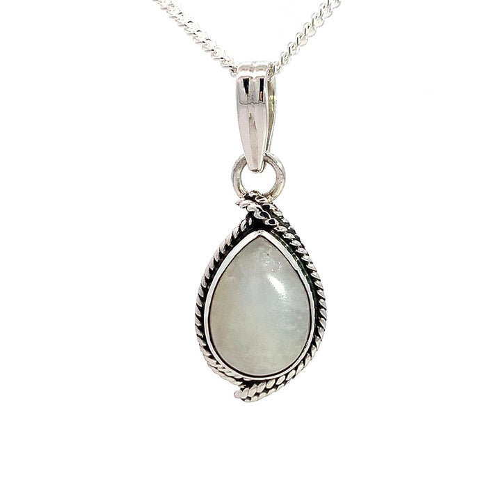 Taxco sterling silver pear shape white cabochon moonstone pendant with rope frame and double ridge bail