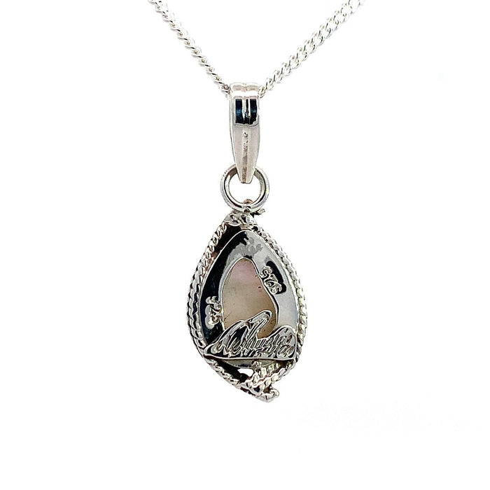 Taxco sterling silver pear shape white cabochon moonstone pendant with rope frame and double ridge bail rear view