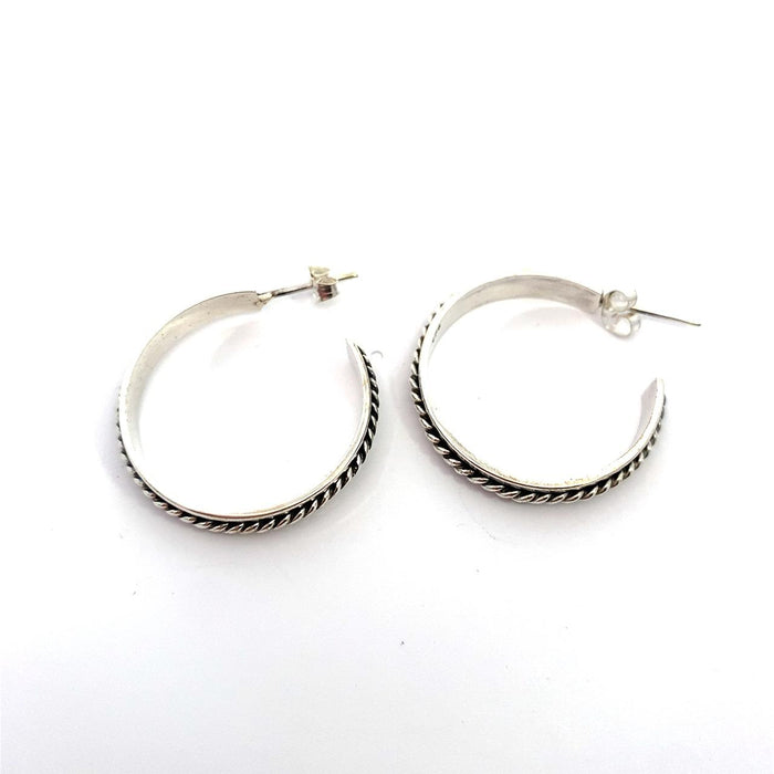 Taxco Sterling Silver Rope Center Hoop Earrings – 30mm Artisan Hoops