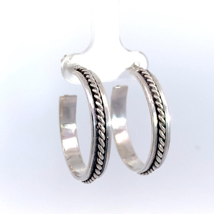 Taxco Sterling Silver Rope Center Hoop Earrings – 30mm Artisan Hoops