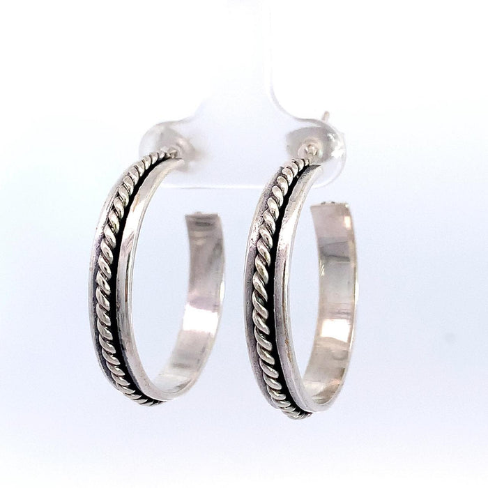 Taxco Sterling Silver Rope Center Hoop Earrings – 30mm Artisan Hoops