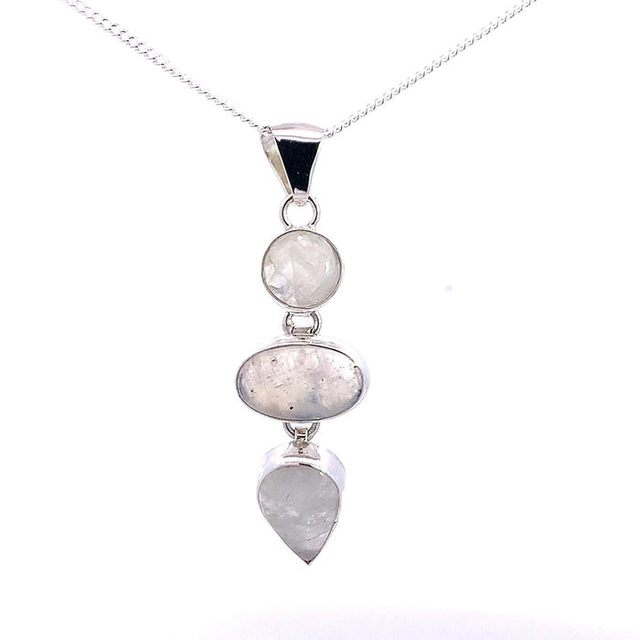 Taxco artisan sterling silver triple moonstone pendant with round oval and pear cabochons bezel set 56mm long