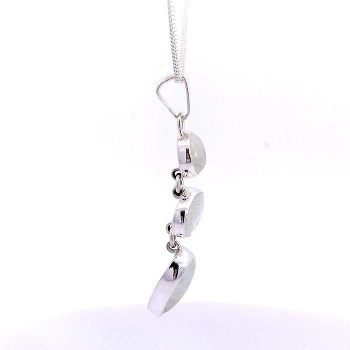 Taxco artisan sterling silver triple moonstone pendant with round oval and pear cabochons bezel set 56mm long side view