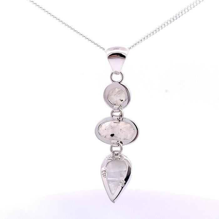 Taxco artisan sterling silver triple moonstone pendant with round oval and pear cabochons bezel set 56mm long