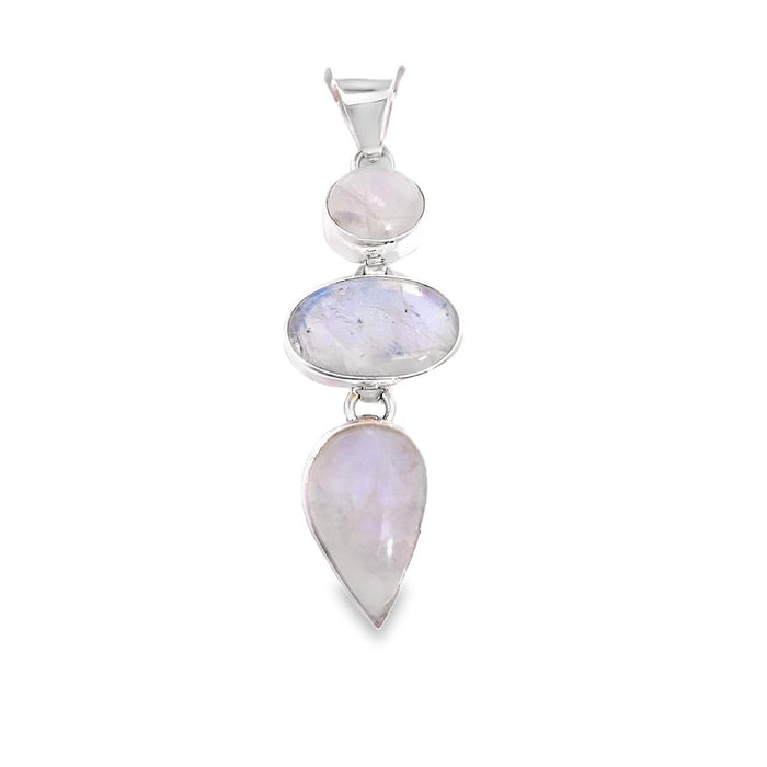 Taxco artisan sterling silver triple moonstone pendant with round oval and pear cabochons bezel set 56mm long