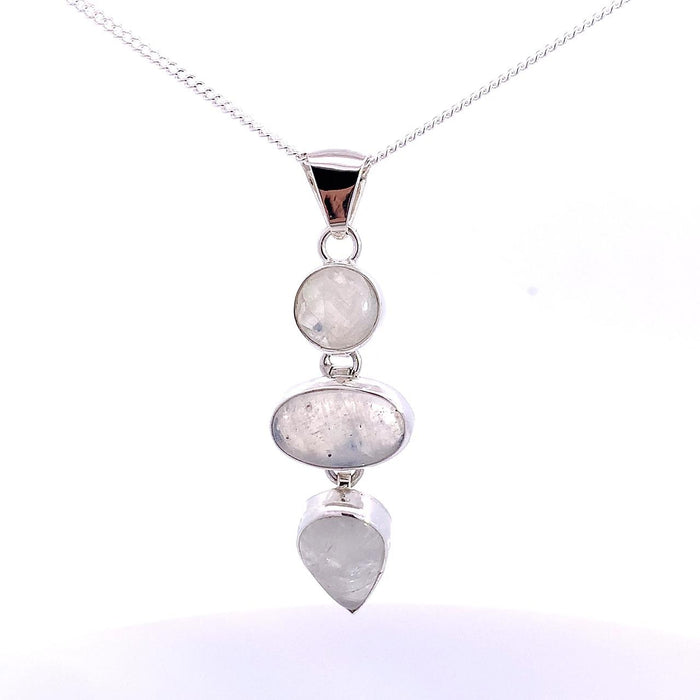 Taxco artisan sterling silver triple moonstone pendant with round oval and pear cabochons bezel set 56mm long