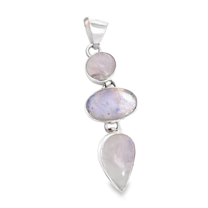 Taxco artisan sterling silver triple moonstone pendant with round oval and pear cabochons bezel set 56mm long