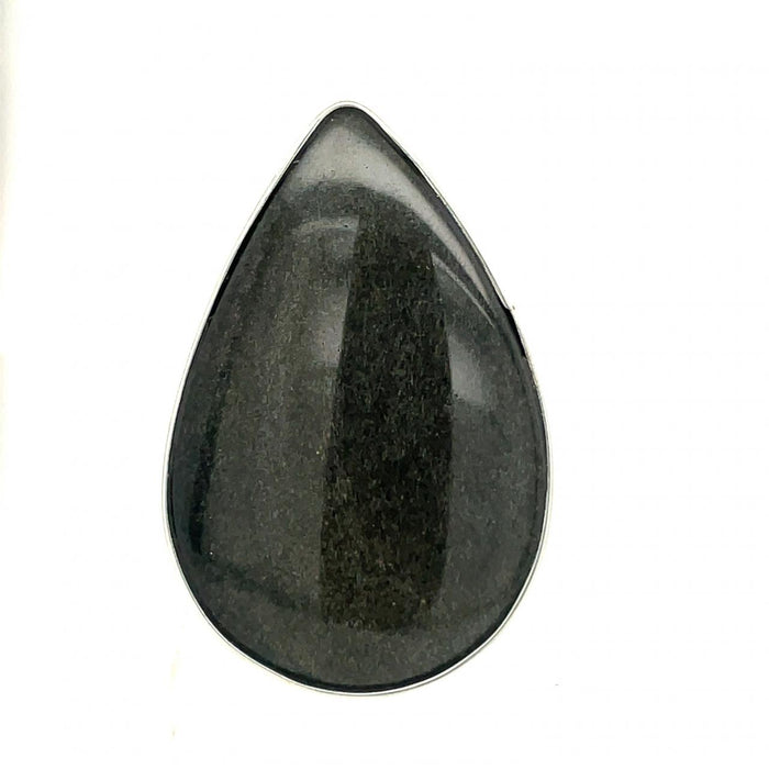 photo of a large pear shape obsidian silver ring on a white background