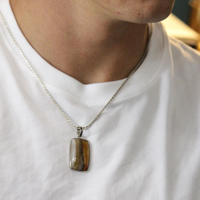 Unique Agate Stone Pendant in Silver, Orange Brown Tan Cream Banding - 47x22mm