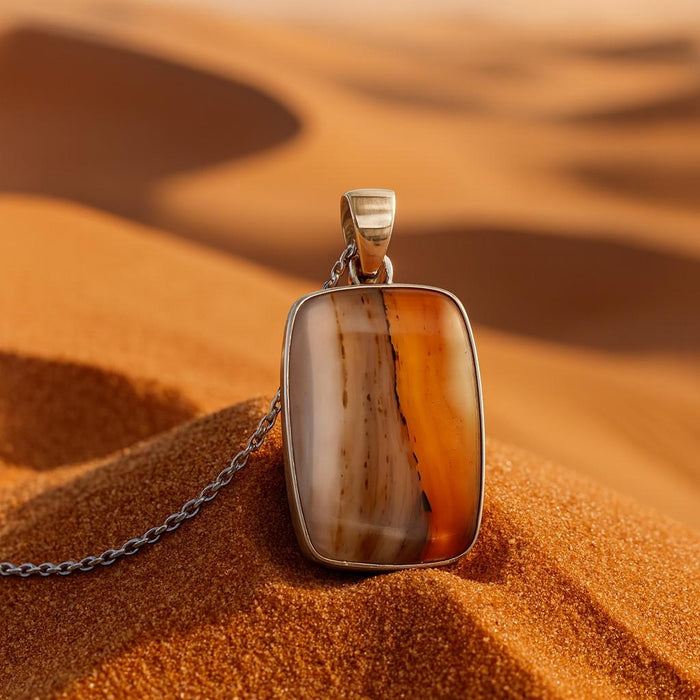 Unique Agate Stone Pendant in Silver, Orange Brown Tan Cream Banding - 47x22mm