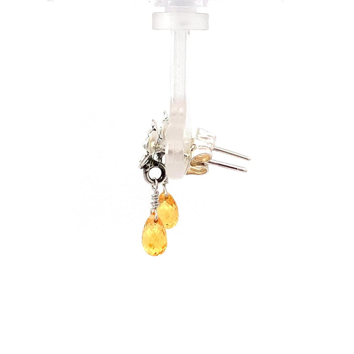 photo of a silver earring-handmade floral top and dangle natural yellow sapphire briolette on a white background side view
