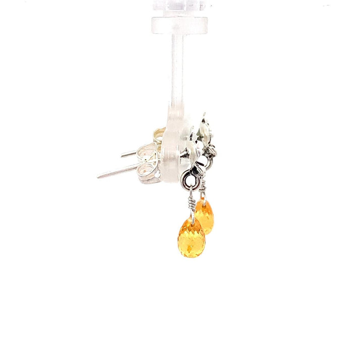 photo of a silver earring-handmade floral top and dangle natural yellow sapphire briolette on a white background side view