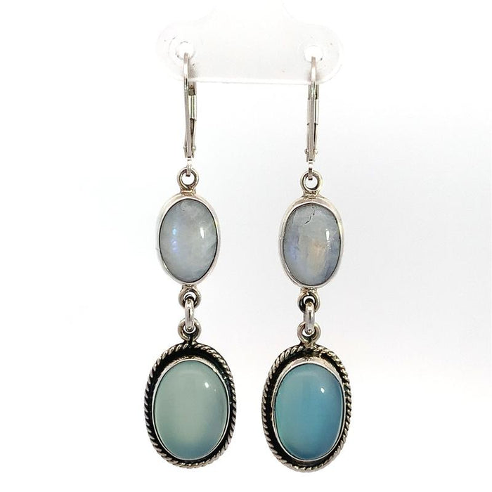 photo of  a 2-part dangle silver earring with oval moonstone and oval blue chalcedony on a white background