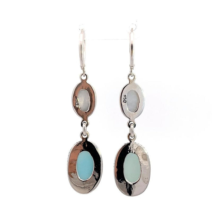 photo of  a 2-part dangle silver earring with oval moonstone and oval blue chalcedony on a white background rear view