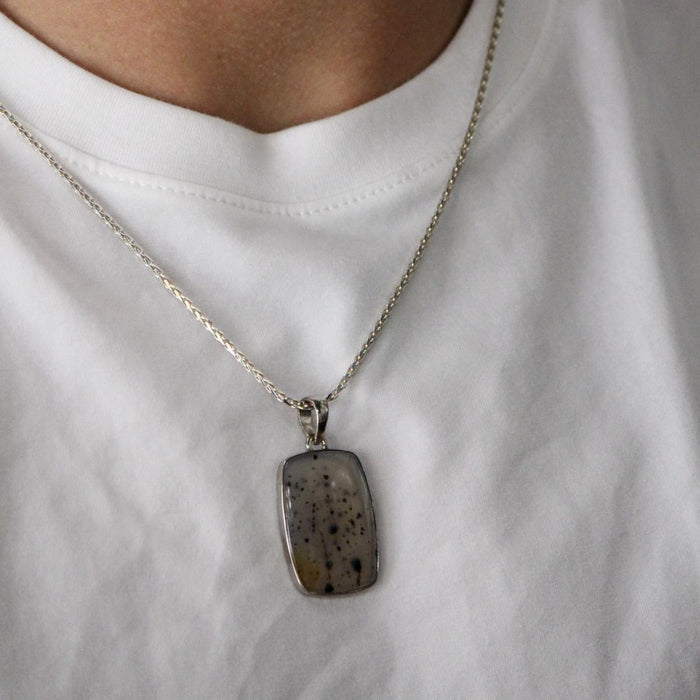 Unique Speckled Agate Pendant in Sterling Silver Bezel - Rectangular Design