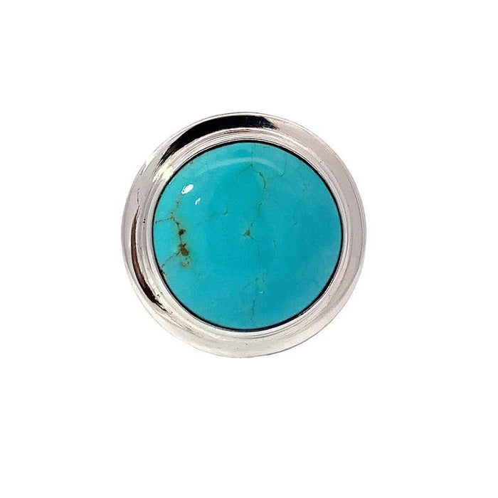 photo of a silver round cabochon Turquoise ring on a white background front view
