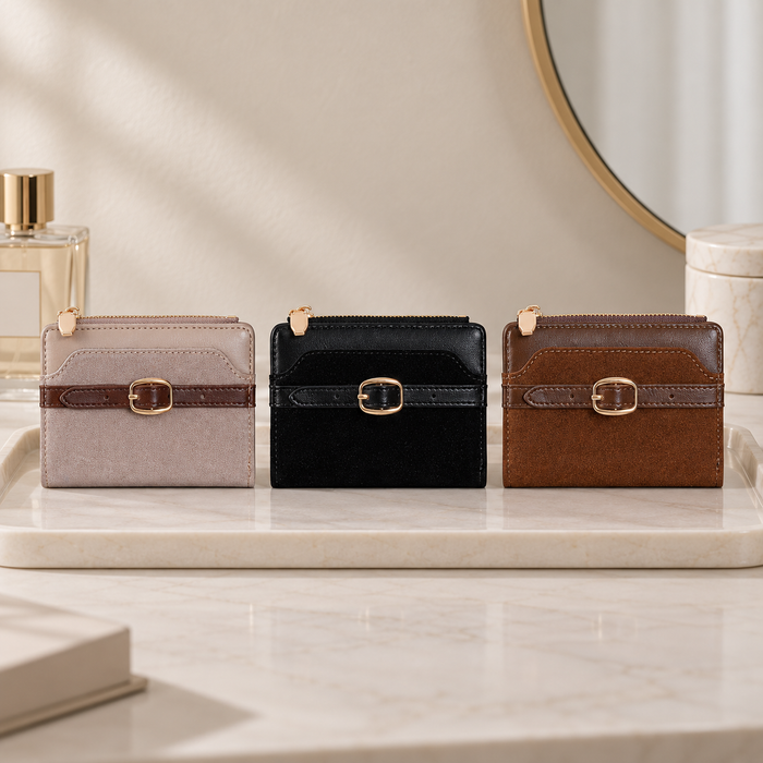 Soft, stylish, and easy to carry every day, the Velvet Muse Wallet brings together a cozy textured finish with a clean buckle-accented design. Its compact shape makes it perfect for keeping daily essentials organized without feeling bulky, while the mix of soft neutral shades gives it a warm, versatile look that pairs beautifully with everyday bags and outfits.