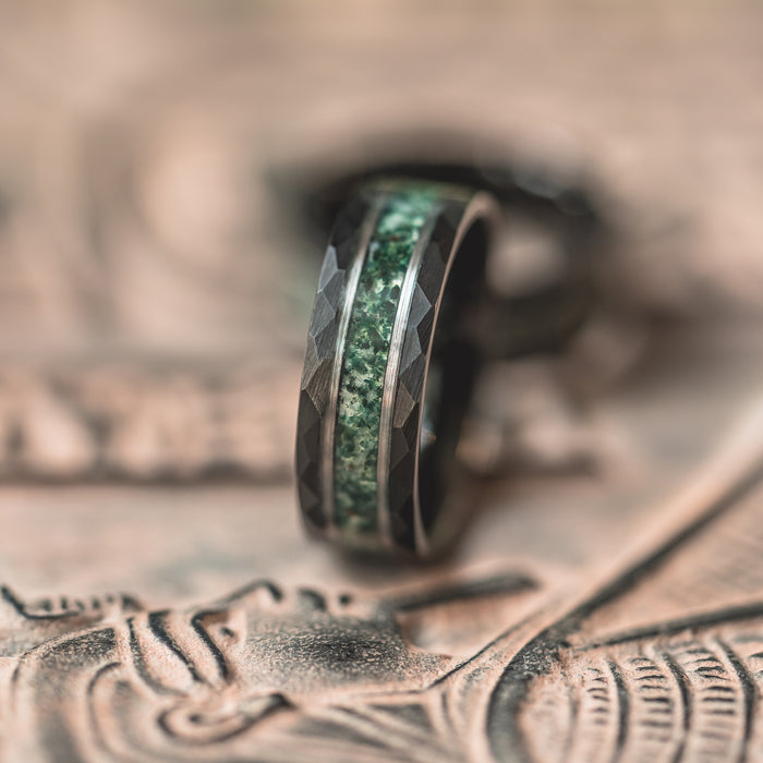"Verdant Hollow"  Moss Agate x Emerald x Black/Silver Tungsten