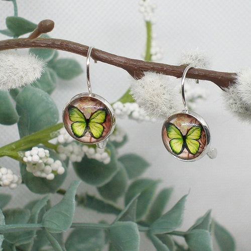 Butterfly-themed earrings on a branch with green leaves and white flowers.