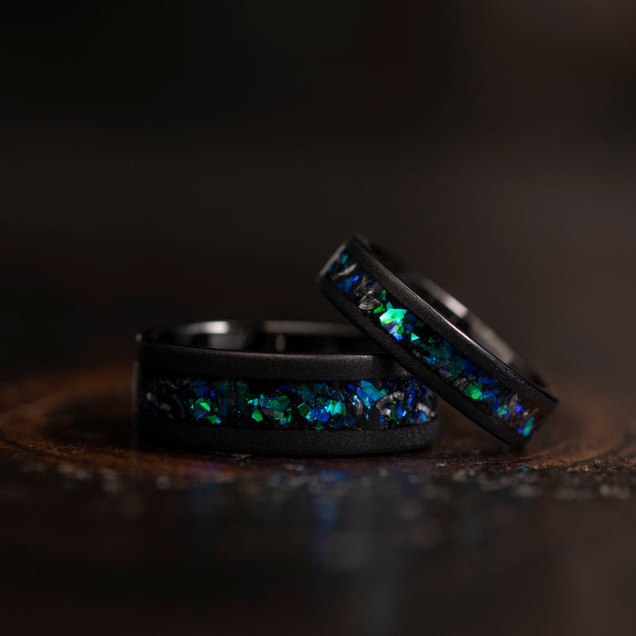 "Zeus" Flat Nebula Ring Green Blue- Meteorite and Opal- Black 8mm