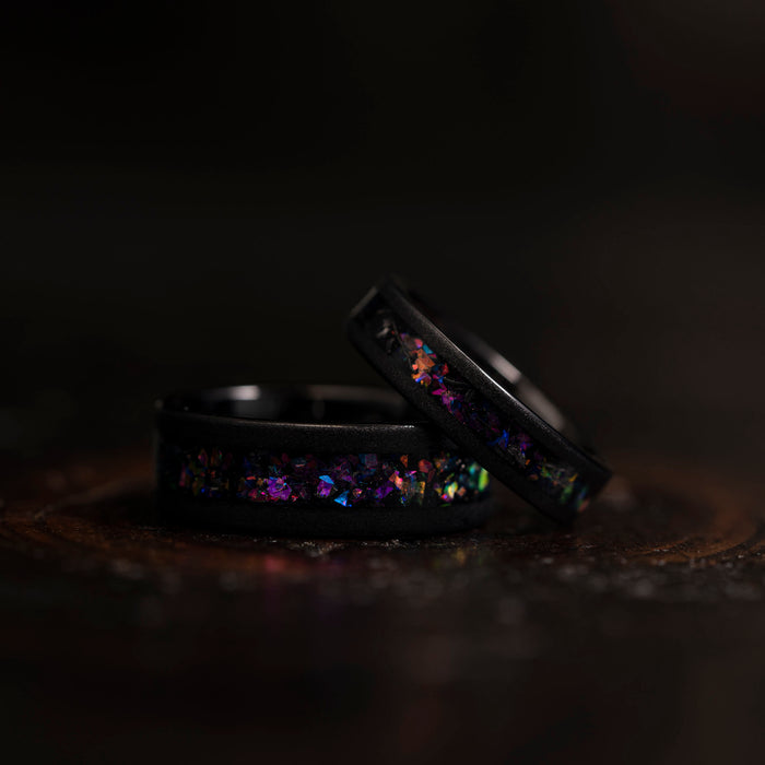 "Zeus" Flat Purple Nebula Ring- Meteorite and Opal- Black 5mm Womens
