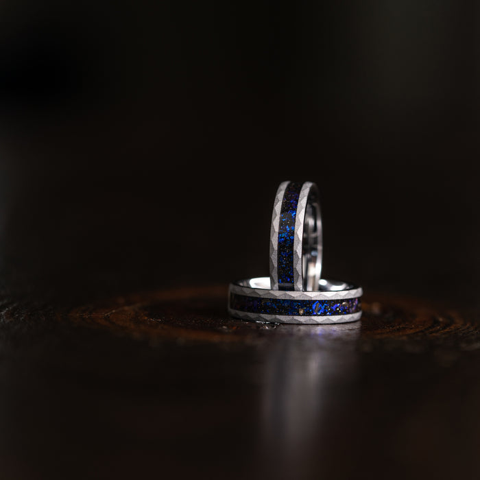 "Zeus" Hammered Blue Nebula Ring- Meteorite and Opal- Silver 5mm Womens