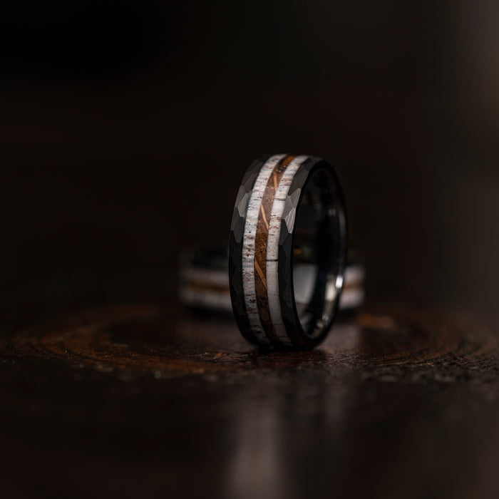 "Zeus" Hammered Ring- Black Charred Whiskey Barrel and Antler